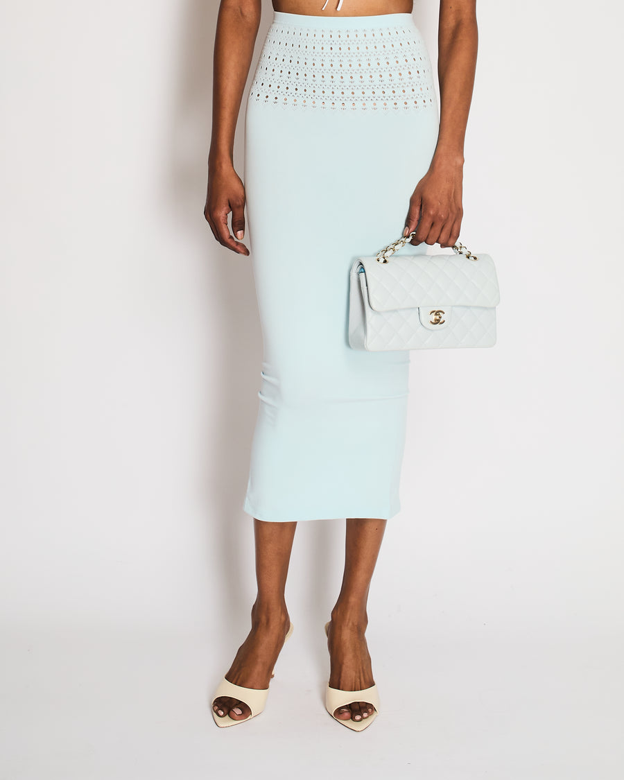 Alaïa Light Blue Perforated Technical Midi Skirt with Back Slit Detail Size FR 38 (UK 10)