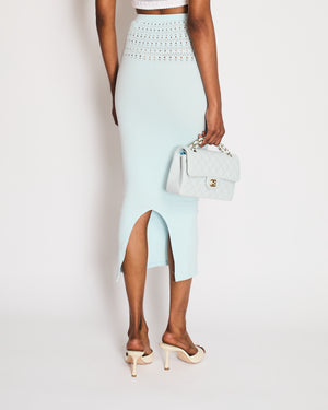 Alaïa Light Blue Perforated Technical Midi Skirt with Back Slit Detail Size FR 38 (UK 10)