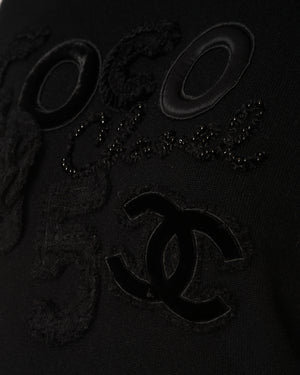 Chanel Black Cashmere Coco Sweater with Coco Chanel Embroidery and Tweed and Velours CC Logo and Camellia Appliques Size FR 36 (UK 8)