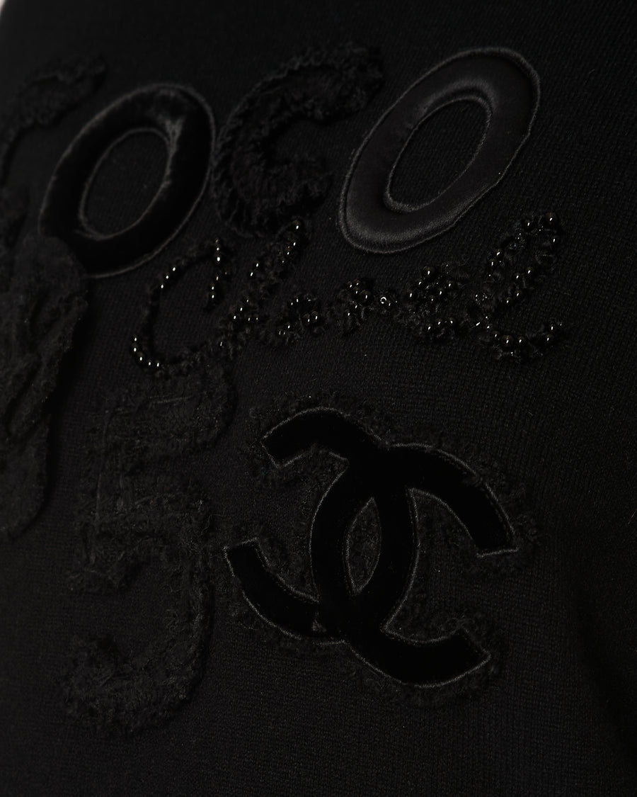 Chanel Black Cashmere Coco Sweater with Coco Chanel Embroidery and Tweed and Velours CC Logo and Camellia Appliques Size FR 36 (UK 8)