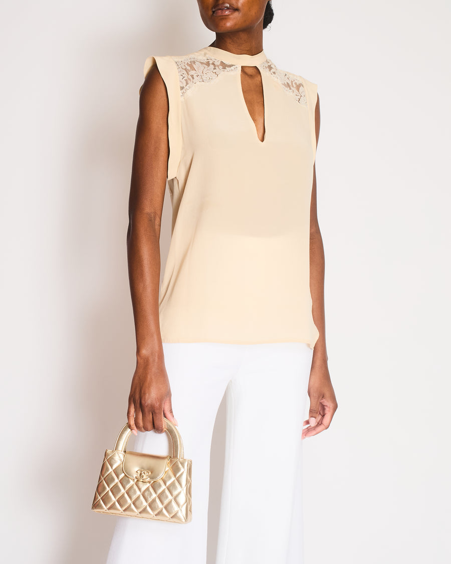 Ermanno Scervino Cream Sleeveless Blouse with Lace Inserts and Front Ribbon with Cut-Out Detail Size IT 42 (UK 10)