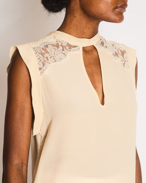 Ermanno Scervino Cream Sleeveless Blouse with Lace Inserts and Front Ribbon with Cut-Out Detail Size IT 42 (UK 10)