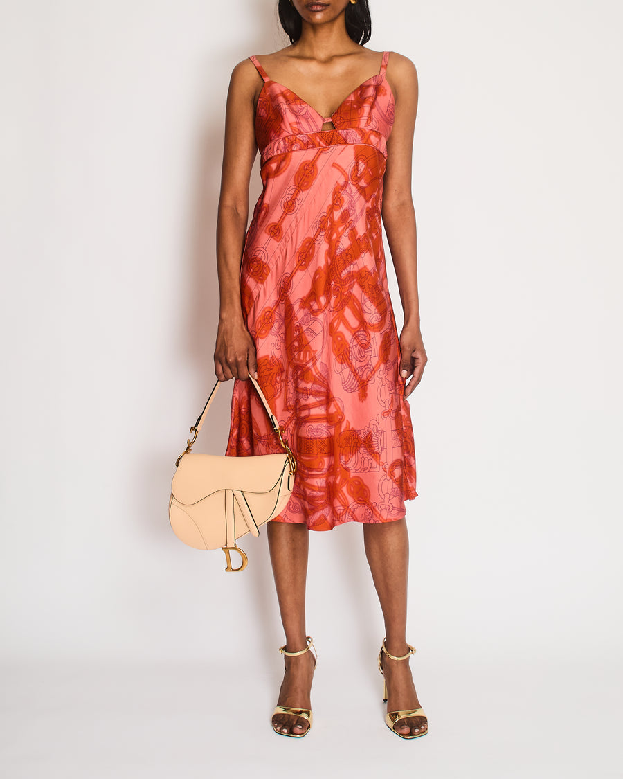 Herms Orange and Pink Silk Midi Dress with Chain Link Print and Front   Sellier