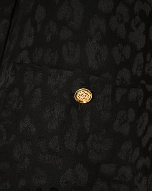 Chanel Black Silk Leopard  Print Button Down Shirt with CC Logos and Bow Detail with Gold CC Logo Buttons Size FR 34 (UK 6)
