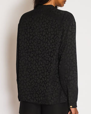 Chanel Black Silk Leopard  Print Button Down Shirt with CC Logos and Bow Detail with Gold CC Logo Buttons Size FR 34 (UK 6)