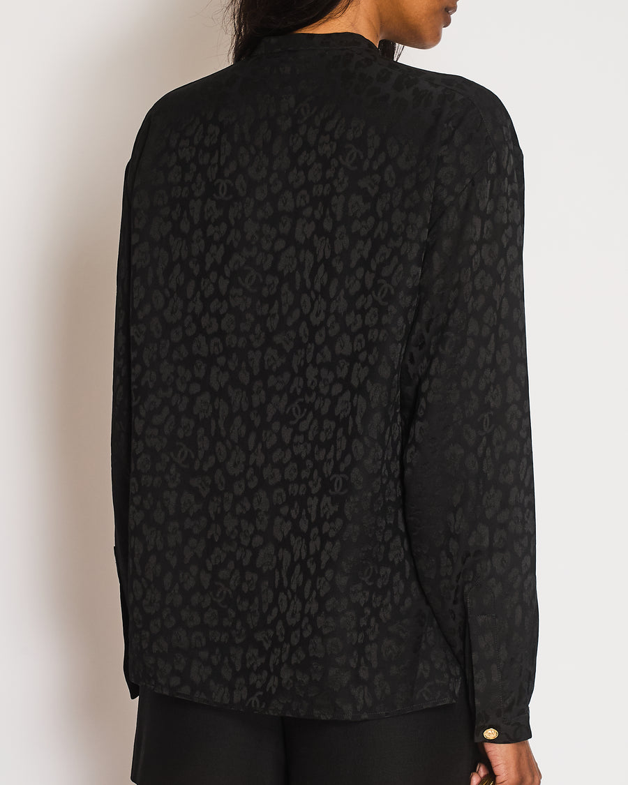 Chanel Black Silk Leopard  Print Button Down Shirt with CC Logos and Bow Detail with Gold CC Logo Buttons Size FR 34 (UK 6)