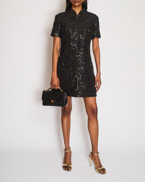 Chanel Black Padded Short-Sleeved Mini Dress with Sequin Camellia Embroideries and Front Pockets with Crystal CC Logo Buttons Size FR 38 (UK 10