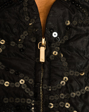 Chanel Black Padded Short-Sleeved Mini Dress with Sequin Camellia Embroideries and Front Pockets with Crystal CC Logo Buttons Size FR 38 (UK 10