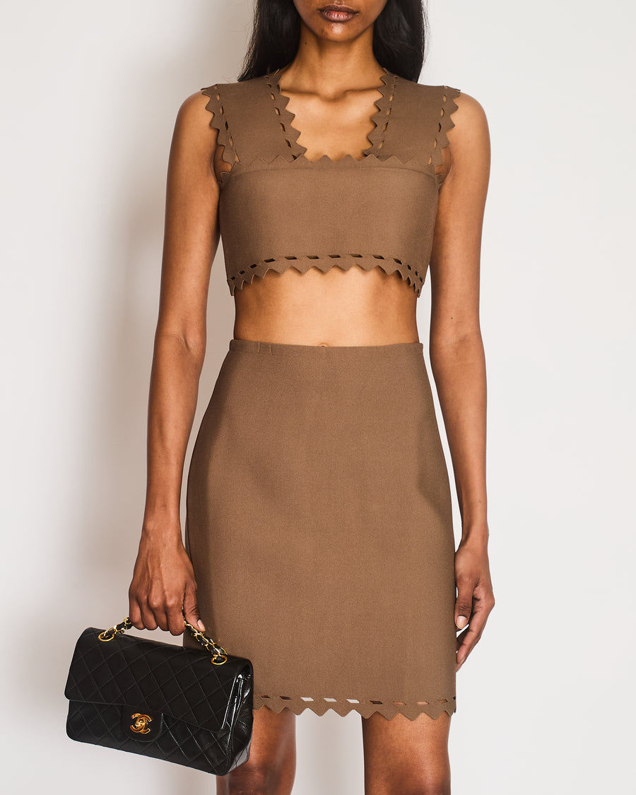 Alaïa Brown Laser Cut Two-Piece Top and Skirt Set Size FR 38/40 (UK 10/12)
