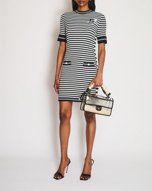 Chanel 2023 Black Backless Striped No5 Logo Short Sleeve Midi Dress with Pocket Detail Size FR 36 (UK 8)