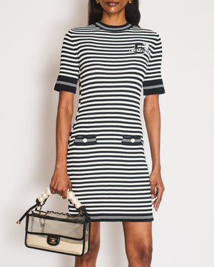 Chanel 2023 Black Backless Striped No5 Logo Short Sleeve Midi Dress with Pocket Detail Size FR 36 (UK 8)