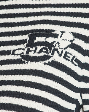 Chanel 2023 Black Backless Striped No5 Logo Short Sleeve Midi Dress with Pocket Detail Size FR 36 (UK 8)