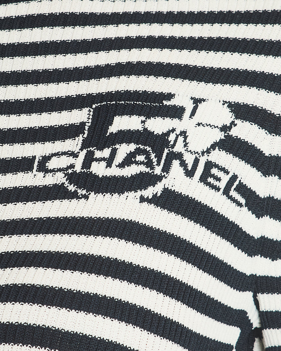 Chanel 2023 Black Backless Striped No5 Logo Short Sleeve Midi Dress with Pocket Detail Size FR 36 (UK 8)