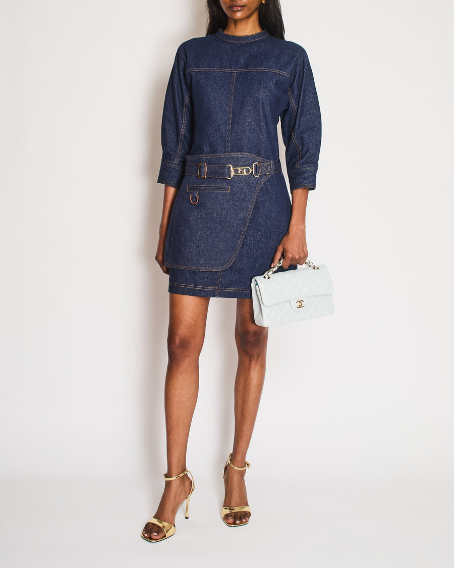 Fendi Blue Denim Long Sleeve Dress with FF Logo Belt Detail Size 38 (UK 6)