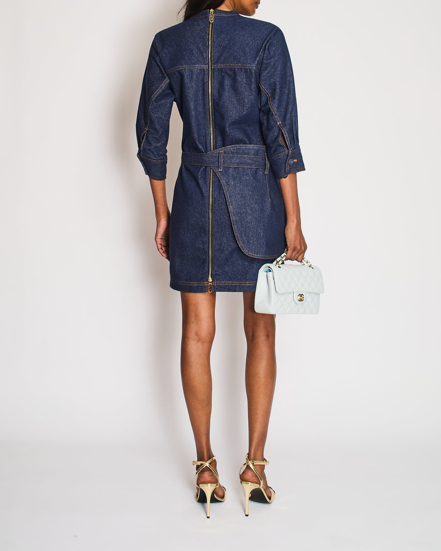 Fendi Blue Denim Long Sleeve Dress with FF Logo Belt Detail Size 38 (UK 6)