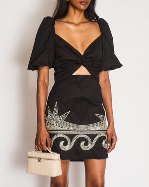 Johanna Ortiz Black Embroidered Midi Dress with Balloon Shoulder Detail Size Small