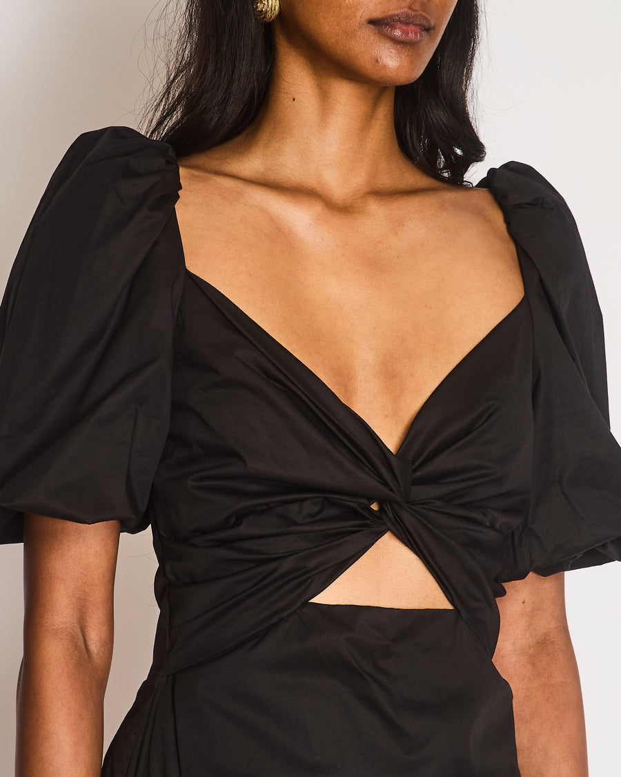 Johanna Ortiz Black Embroidered Midi Dress with Balloon Shoulder Detail Size Small