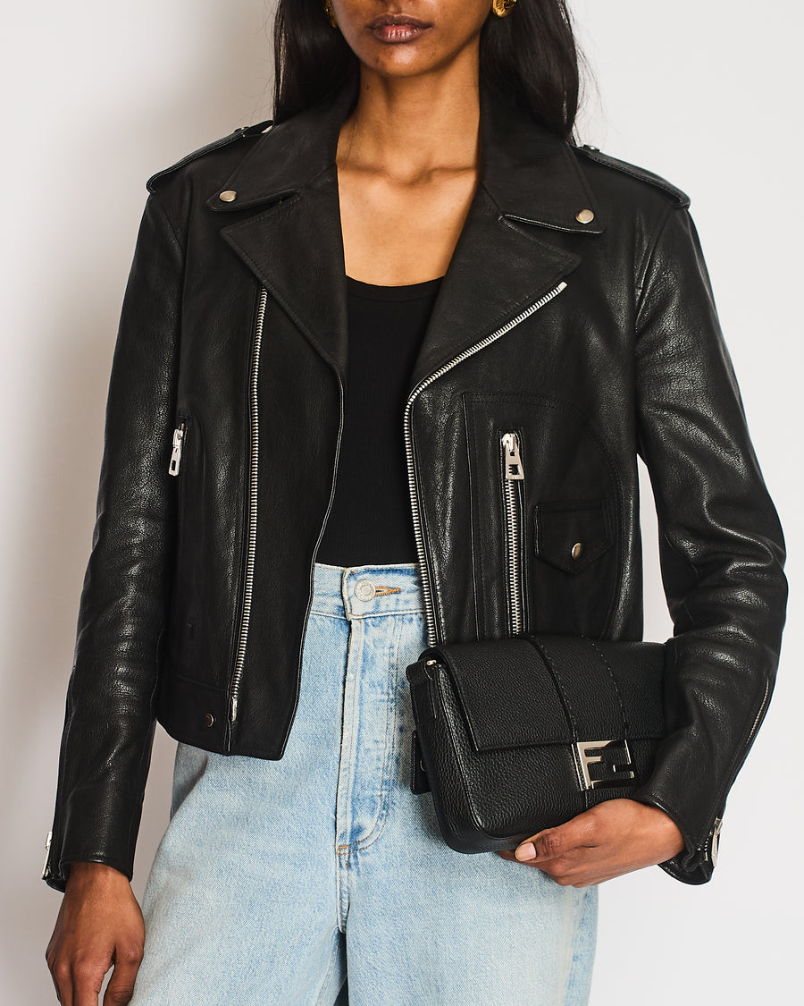 Christian Dior Black Leather Biker Jacket with Bee Embroidery Detail Size FR 36 (UK 8)