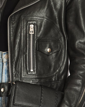 Christian Dior Black Leather Biker Jacket with Bee Embroidery Detail Size FR 36 (UK 8)