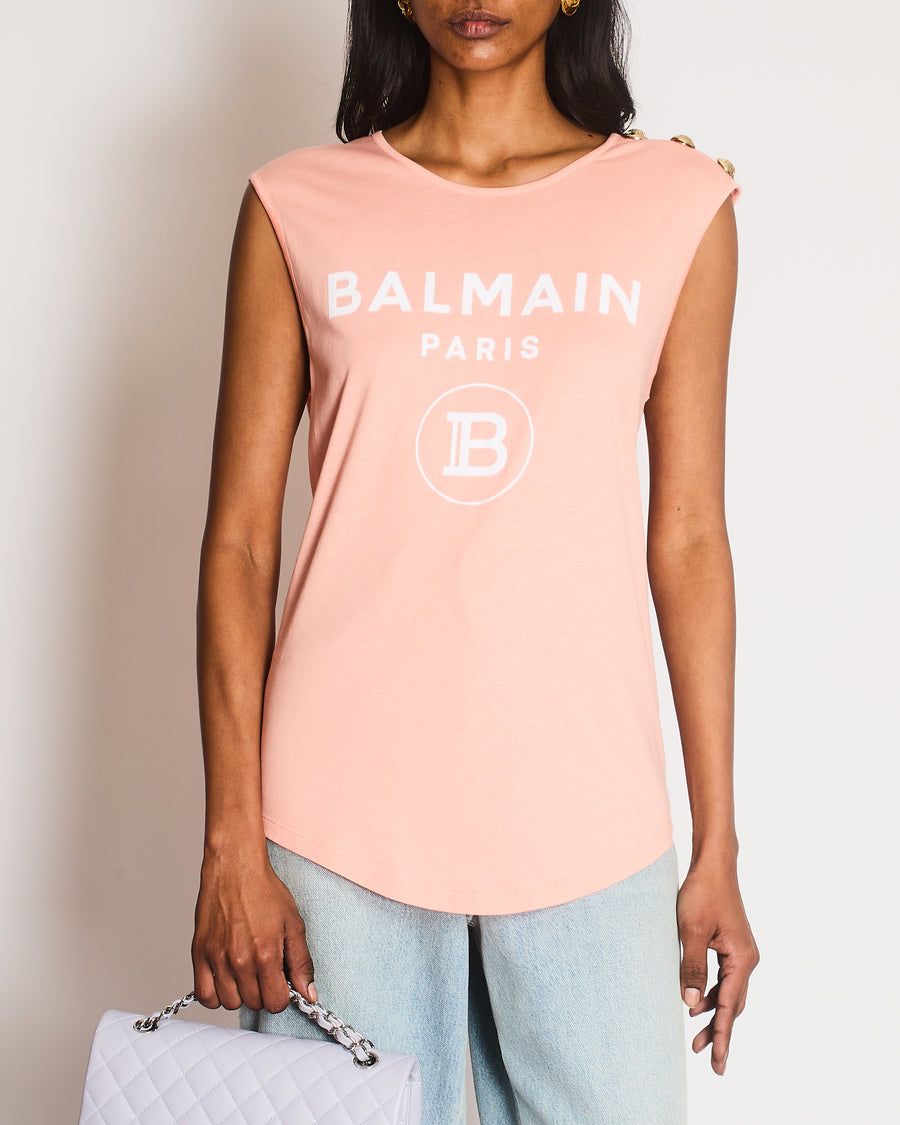 Balmain Sleveless Peach Logo Vest Top with Gold Button Detail Size XS (UK 6)