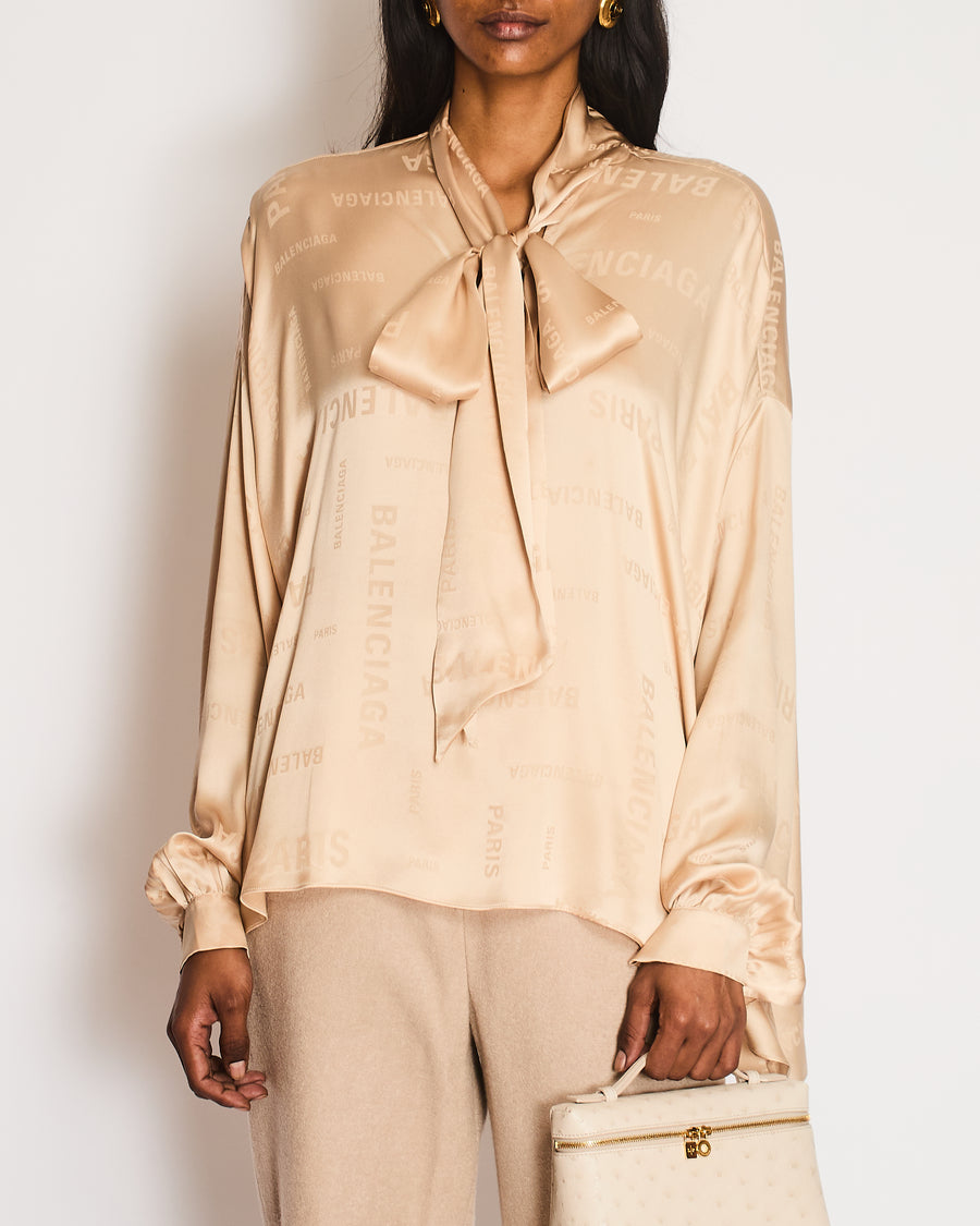 Balenciaga Beige Monogram Silk Blouse with Pussy Bow Detail Size L (UK 12)