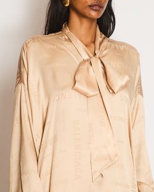 Balenciaga Beige Monogram Silk Blouse with Pussy Bow Detail Size L (UK 12)
