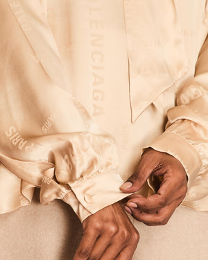 Balenciaga Beige Monogram Silk Blouse with Pussy Bow Detail Size L (UK 12)