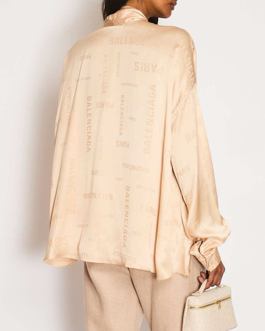 Balenciaga Beige Monogram Silk Blouse with Pussy Bow Detail Size L (UK 12)