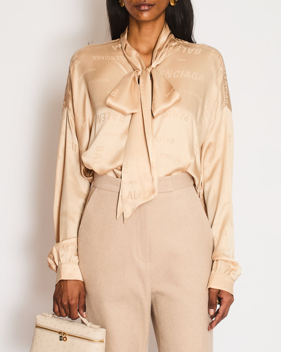 Balenciaga Beige Monogram Silk Blouse with Pussy Bow Detail Size L (UK 12)