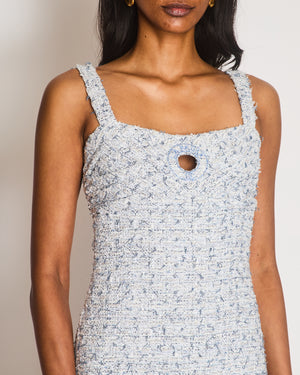 Chanel Cruise 2019 La Pausa Blue and White Metallic Tweed Mini Dress with Crystal Embellished Logo Front Detailing Size FR 34 (UK 6)
