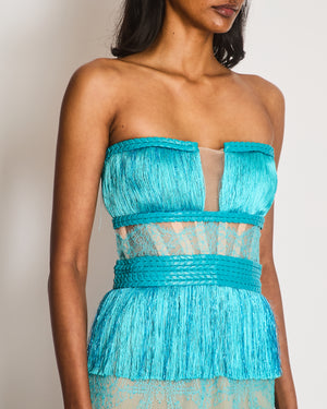 Aadnevik Blue Fringed Bustier Mini Dress with Leather Trims and Lace Details Size XS (UK 6)