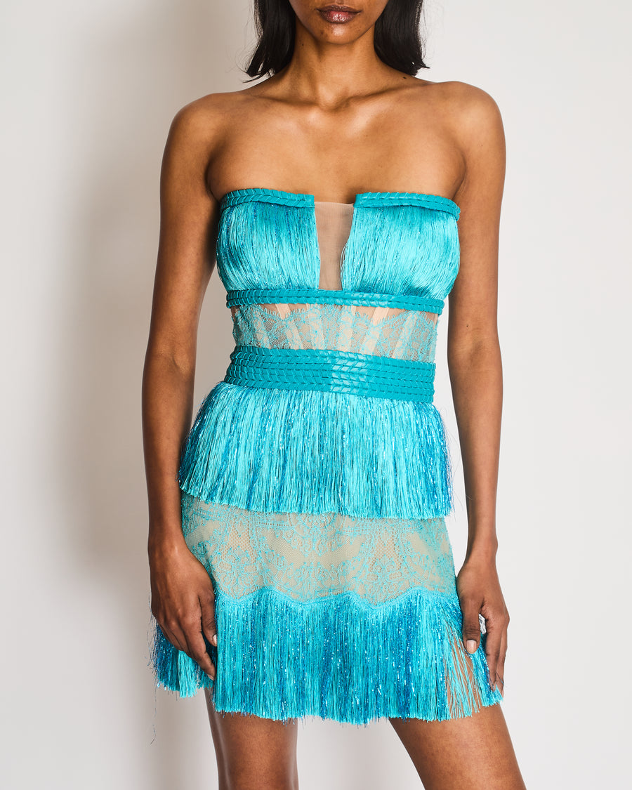 Aadnevik Blue Fringed Bustier Mini Dress with Leather Trims and Lace Details Size XS (UK 6)