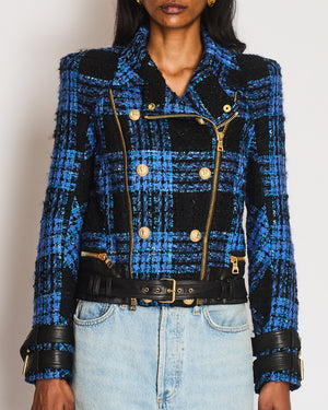 Balmain Blue and Black Tweed Jacket with Leather Inserts and Belt with Gold Buckle Detail Size FR 36 (UK 8)