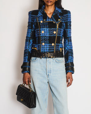 Balmain Blue and Black Tweed Jacket with Leather Inserts and Belt with Gold Buckle Detail Size FR 36 (UK 8)