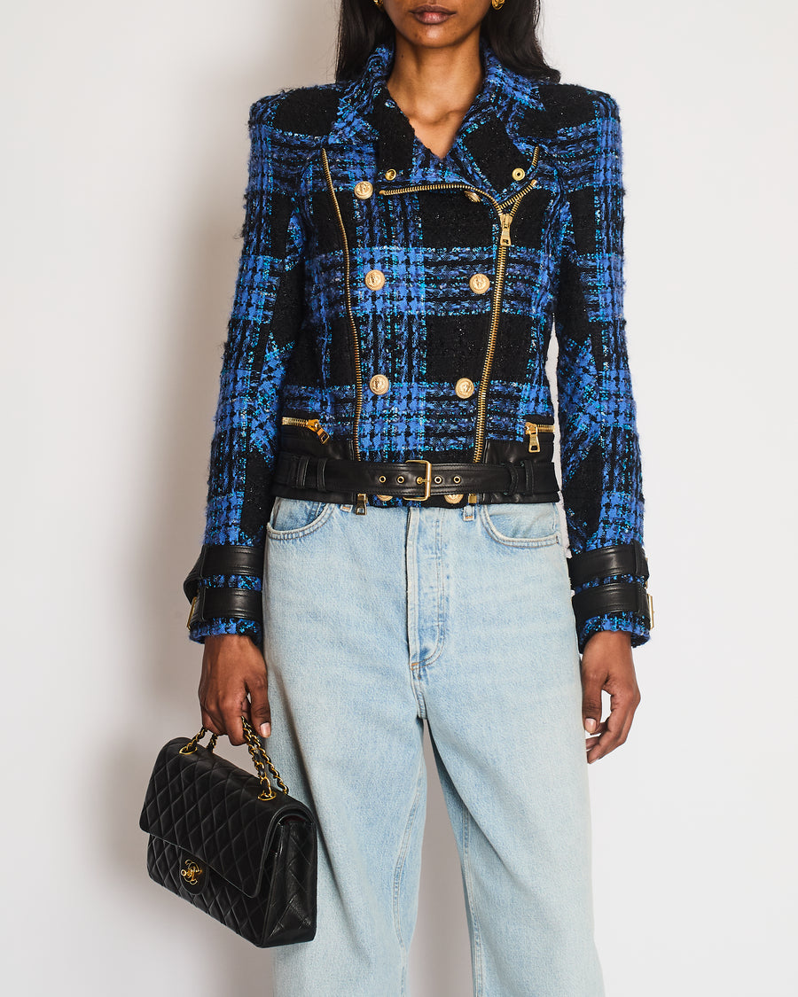 Balmain Blue and Black Tweed Jacket with Leather Inserts and Belt with Gold Buckle Detail Size FR 36 (UK 8)