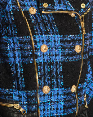 Balmain Blue and Black Tweed Jacket with Leather Inserts and Belt with Gold Buckle Detail Size FR 36 (UK 8)