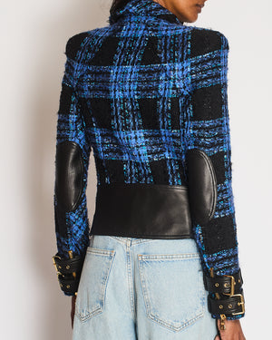 Balmain Blue and Black Tweed Jacket with Leather Inserts and Belt with Gold Buckle Detail Size FR 36 (UK 8)