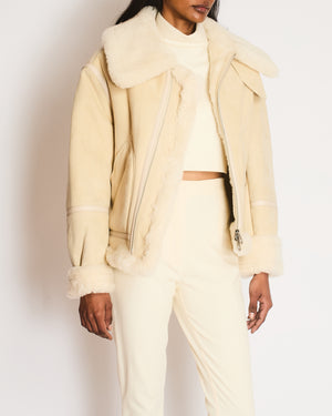 Loro Piana Beige Suede and Shearling Jacket with Leather Details Size M (UK 10)