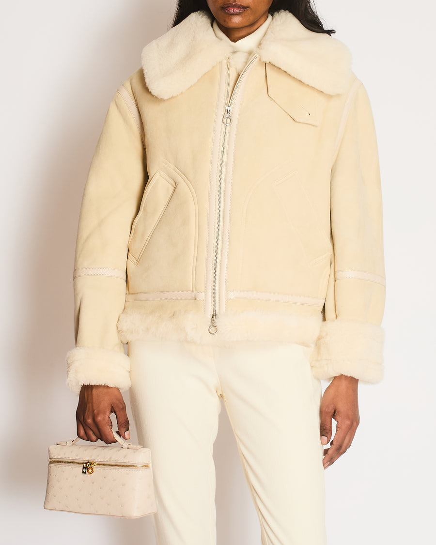Loro Piana Beige Suede and Shearling Jacket with Leather Details Size M (UK 10)