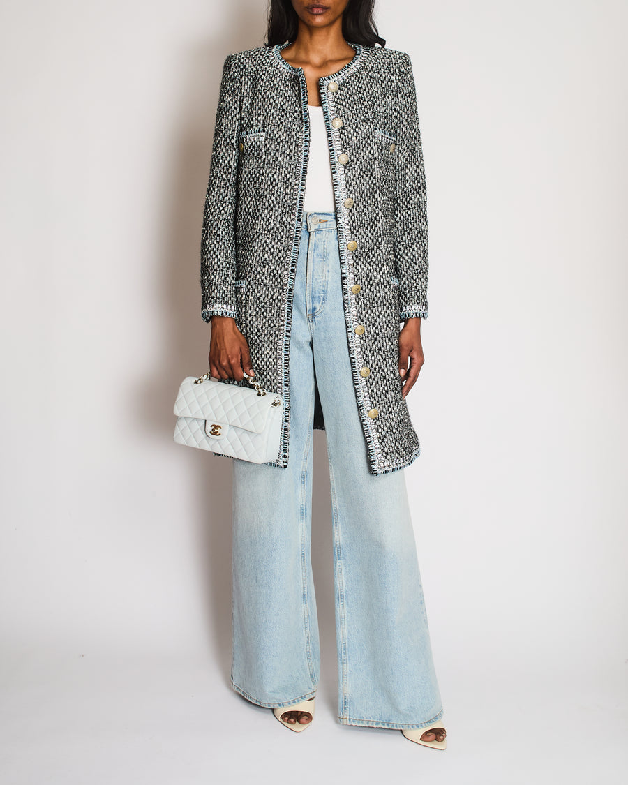 Chanel Black, White, and Grey Tweed Coat with Iridescent Details and Gold CC Logo Buttons with Front Pockets Size FR 36 (UK 8)
