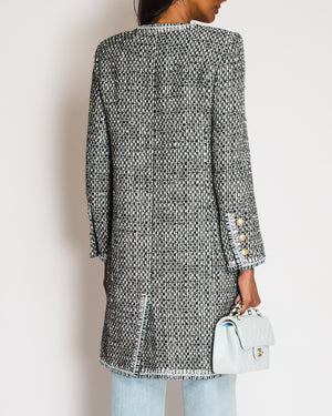Chanel Black, White, and Grey Tweed Coat with Iridescent Details and Gold CC Logo Buttons with Front Pockets Size FR 36 (UK 8)