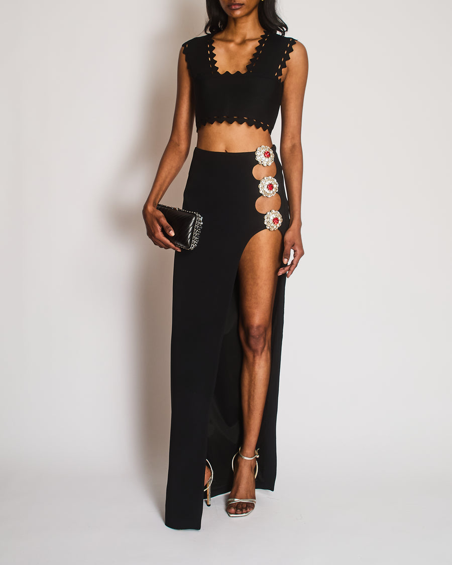 David Koma Black Maxi Skirt with Side Slit and White and Red Crystal Appliques Size UK 8