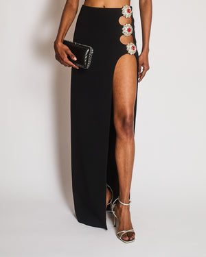 David Koma Black Maxi Skirt with Side Slit and White and Red Crystal Appliques Size UK 8