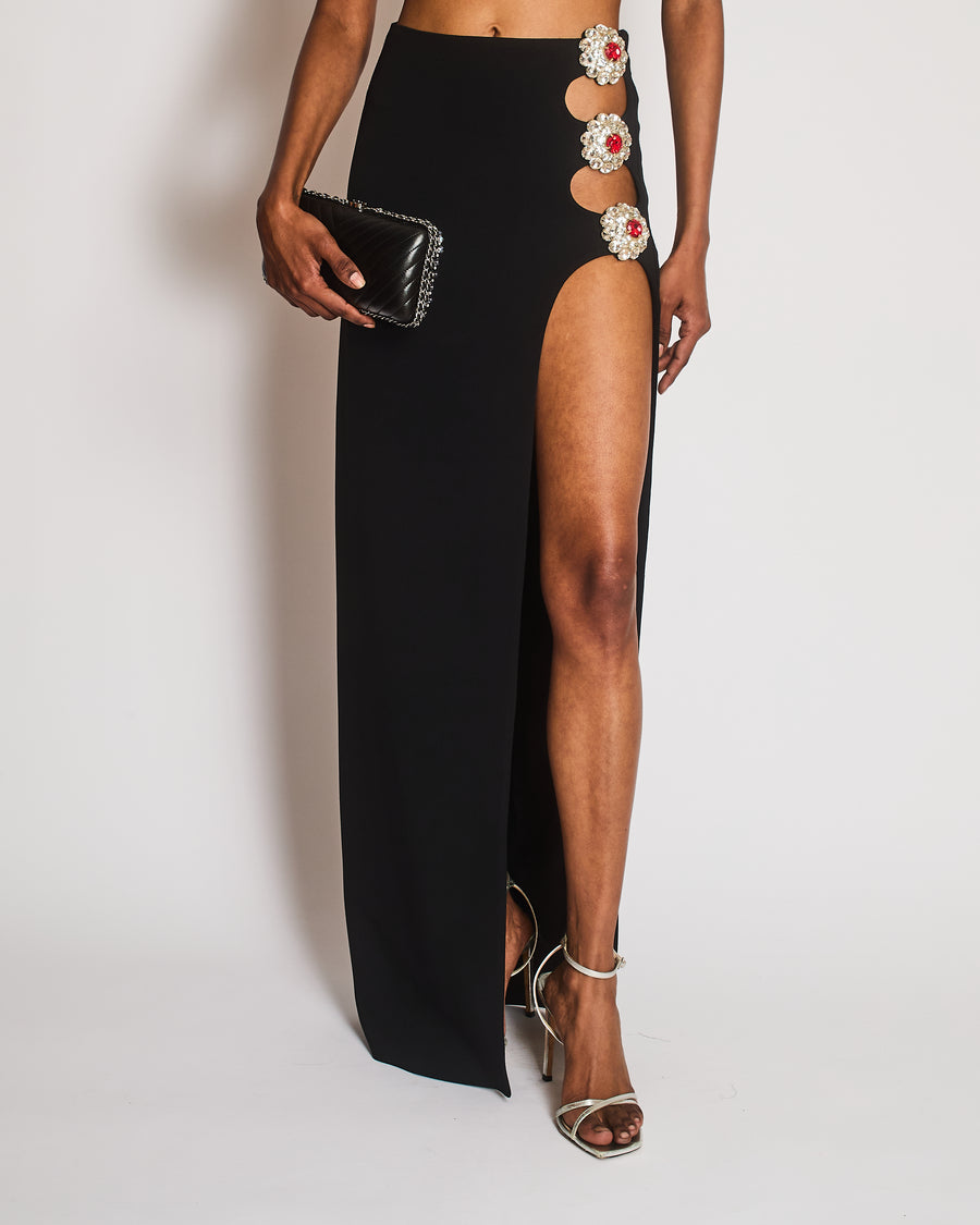 David Koma Black Maxi Skirt with Side Slit and White and Red Crystal Appliques Size UK 8