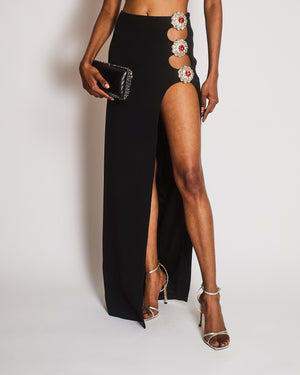 David Koma Black Maxi Skirt with Side Slit and White and Red Crystal Appliques Size UK 8