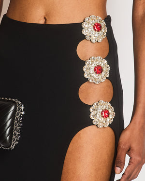 David Koma Black Maxi Skirt with Side Slit and White and Red Crystal Appliques Size UK 8