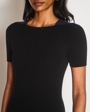 Chanel Black Wool and Cashmere Blend Ribbed Short-Sleeved Mini Dress with Navy Shoulder Details and Silver Textured CC Logo Button Detail Size FR 34 (UK 6)