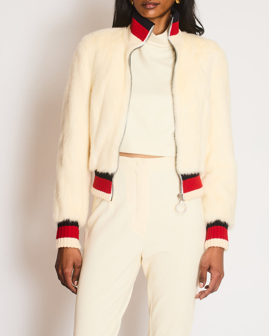 Gucci White Mink Fur Bomber Jacket with Blue, Red, and White Collar and Cuffs with Silver Logo Zipper Detail Size IT 38 (UK 6)