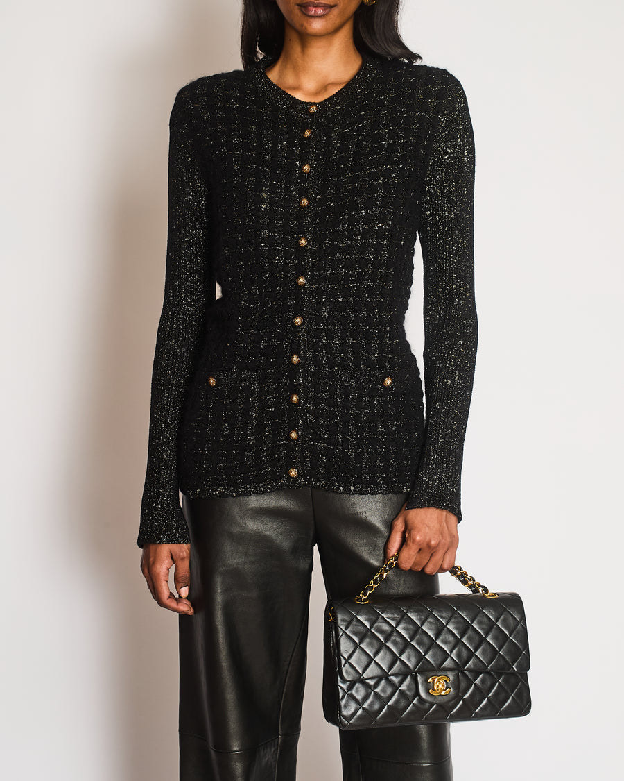 Chanel Black and Gold Metallic Cardigan with Gold Lion CC Logo Buttons Size FR 38 (UK 10)