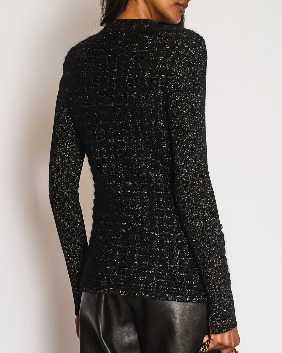 Chanel Black and Gold Metallic Cardigan with Gold Lion CC Logo Buttons Size FR 38 (UK 10)